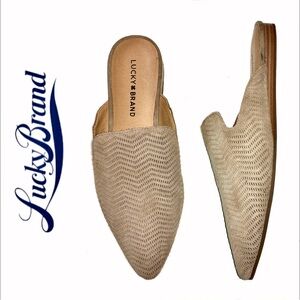 NWT! LUCKY BRAND taupe suede Brynnuh slides